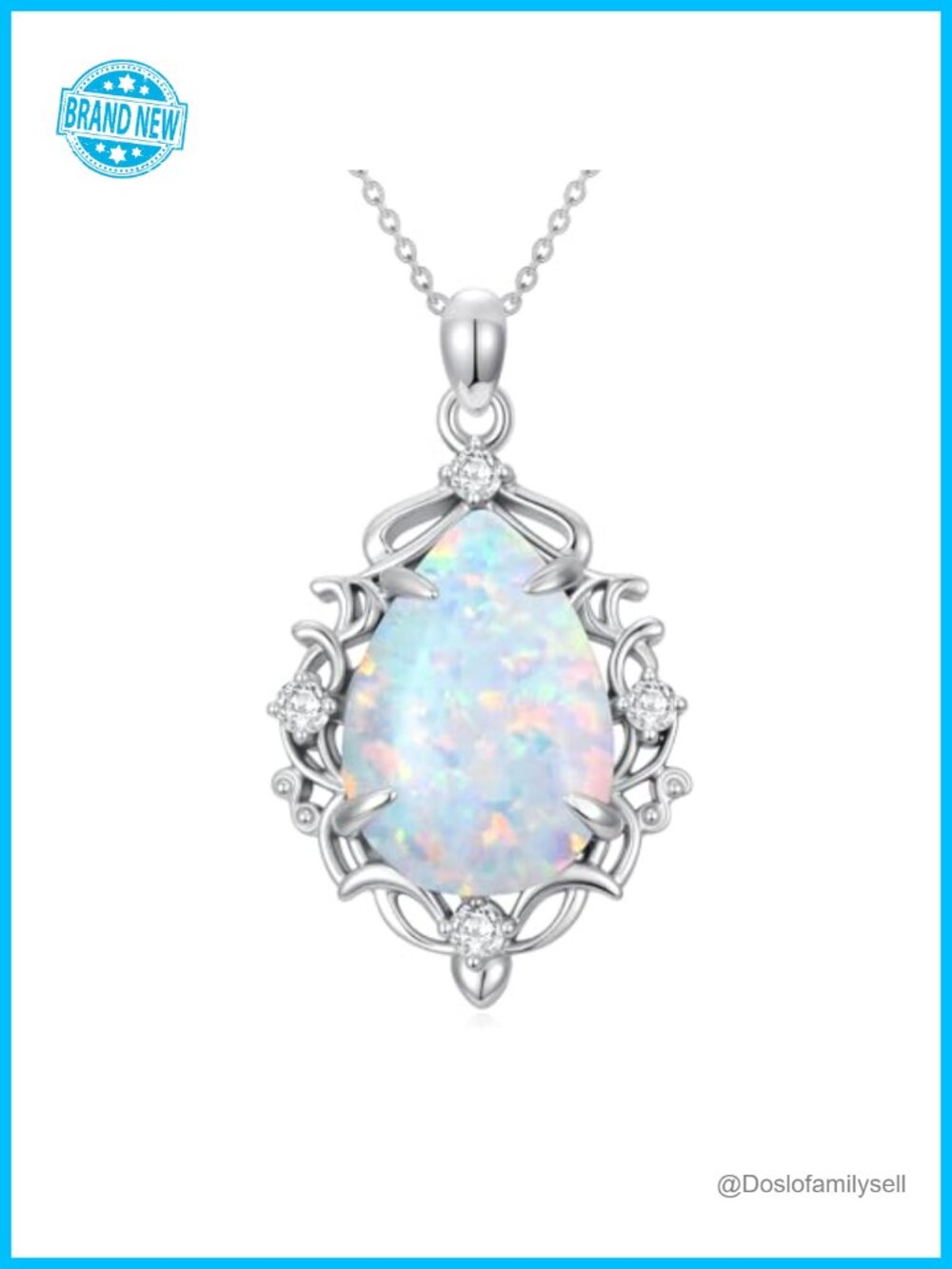 Opal & Diamond Teardrop Pendant Necklace 925 Sterling Silver
